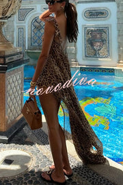 Immerse Vacation Leopard Tie-up Slit Midi Top and Elastic Waist Shorts Set