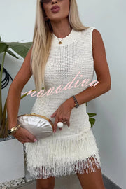 Fashion Knitted Round Neck Sleeveless Slim Fit Fringed Hem Mini Dress