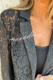 Fashion Lapel Long Sleeve Pocket Elegant Lace Jacket