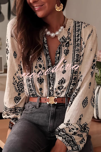 Unique Print Long-Sleeved Button-Up Elegant Shirt