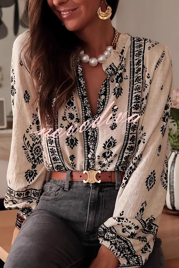 Unique Print Long-Sleeved Button-Up Elegant Shirt