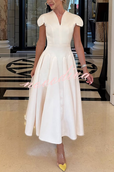 Solid Color V-neck Waist Elegant Full Hem Maxi Dress