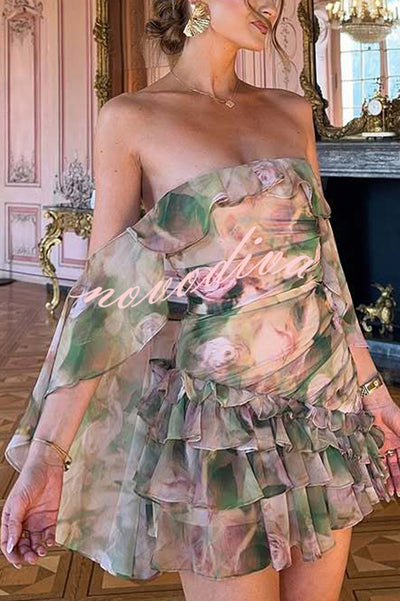 Chiffon Floral Print Elegant Multi-Layered Ruffle Mini Dress