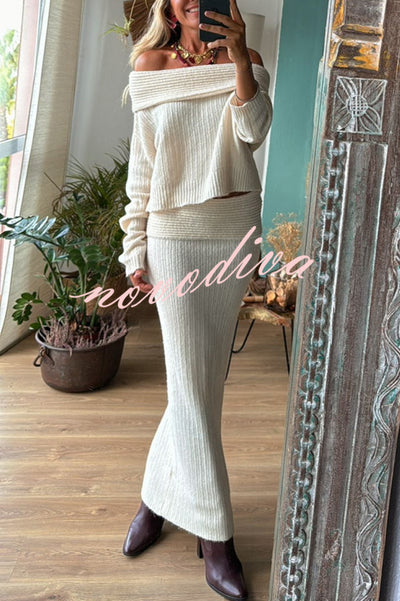 Luka Ribbed Knit Off Shoulder Long Sleeve Sweater and Stretch Maxi Skirt Set