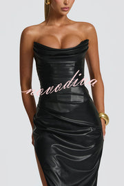 Alba Faux Leather Pleated Off Shoulder Neck Slit Stretch Maxi Dress