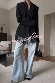 Solid Color Lace Panel Long Sleeve Button Elegant Blazer