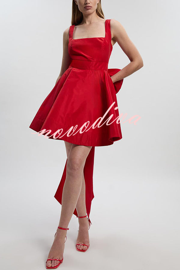 Red Drama Taffeta Square Neck Back Oversized Bow Pocket Mini Dress