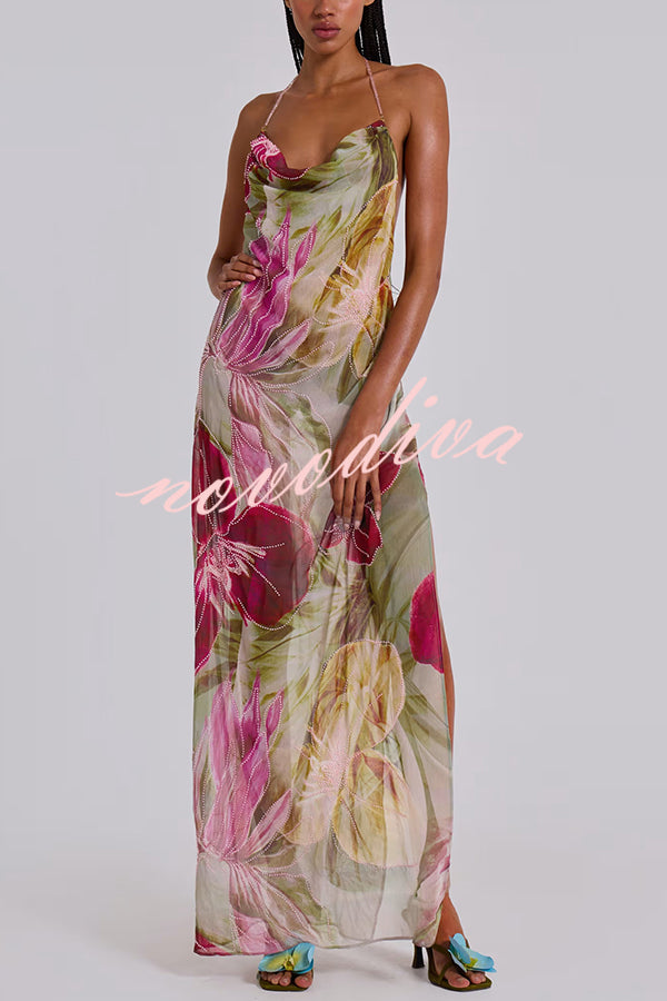 Floral Print Sexy Backless Slit See-Through Holiday Maxi Dress