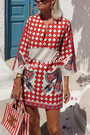 Unique Print V-Neck Loose Holiday Mini Dress