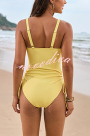 Solid Color Drawstring Waist Mesh One-Piece Swimsuit