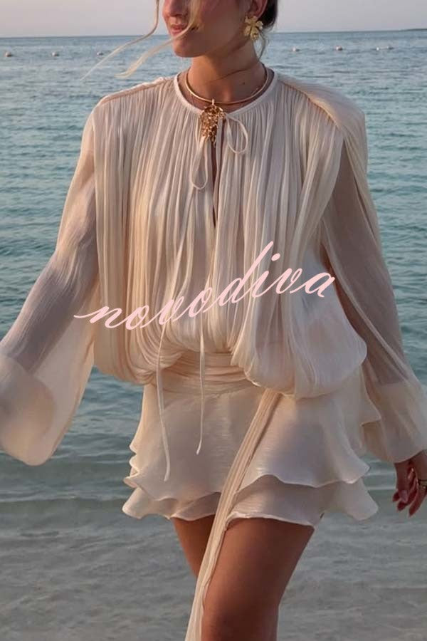 Ninah Glitter Fabric Pleated Balloon Sleeve Tiered Ruffle Hem Mini Dress