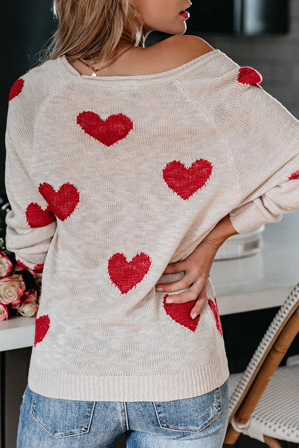Stylish Color-blocked Heart-patterned Long-sleeved Loose Knit Sweater
