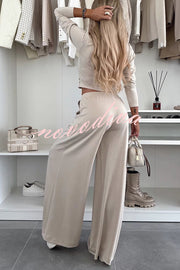 Solid Color Round Neck Long Sleeve Twist Crop Top and Elastic Waist Pocket Wide Leg Pants Set