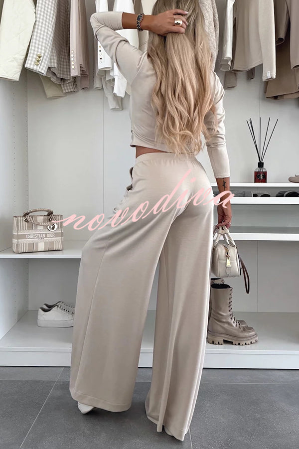 Solid Color Round Neck Long Sleeve Twist Crop Top and Elastic Waist Pocket Wide Leg Pants Set