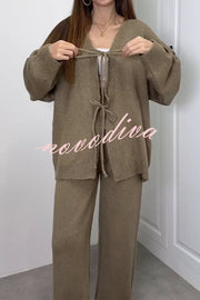 Solid Color V-neck Tie Long-sleeved Loose Knit Cardigan and Elastic Waist Casual Straight Leg Pants Set