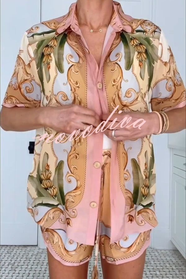 Royalty Unique Print Button Up Short Sleeve Shirt and Elastic Waist Pocketed Loose Shorts Set