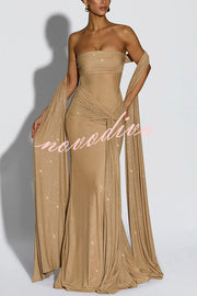 Paula Sequined Mesh and Jersey Off Shoulder Ruched Knot Drape Shawl Maxi Dress