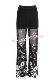 Fashion Embroidered Hollow Hook Elastic Waist Casual Wide-leg Pants