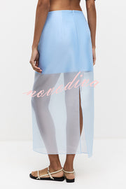 Simple and Light See-through Fabric Mid Rise Pencil Slit Midi Skirt