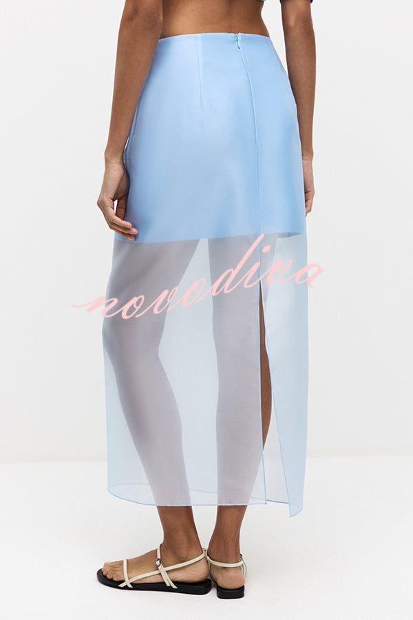 Simple and Light See-through Fabric Mid Rise Pencil Slit Midi Skirt