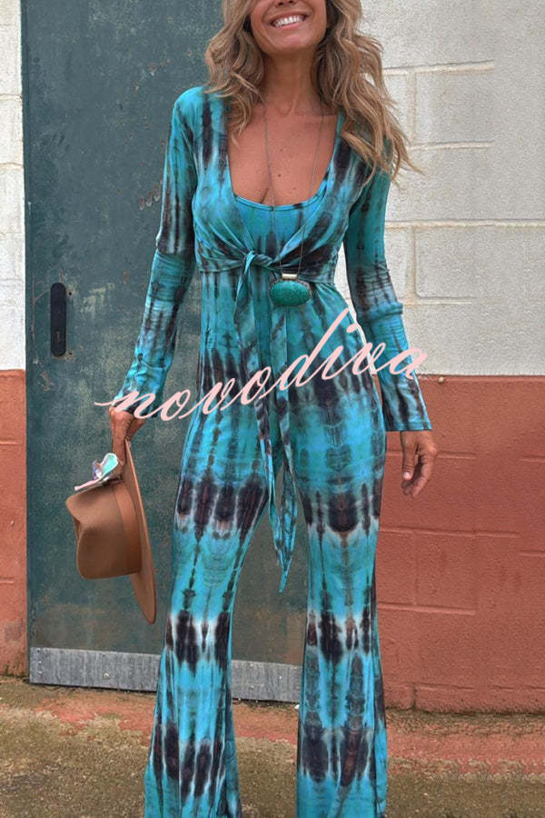Exclusive Style Tie-dye Print Backless Tie-up Stretch Flared Jumpsuit