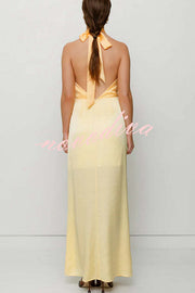 Like A Gem Satin Colorblock Halter Backless Party Maxi Dress