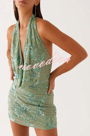 Looking Amazing Sequin Beaded Material Cowl Neck Backless Mini Dress