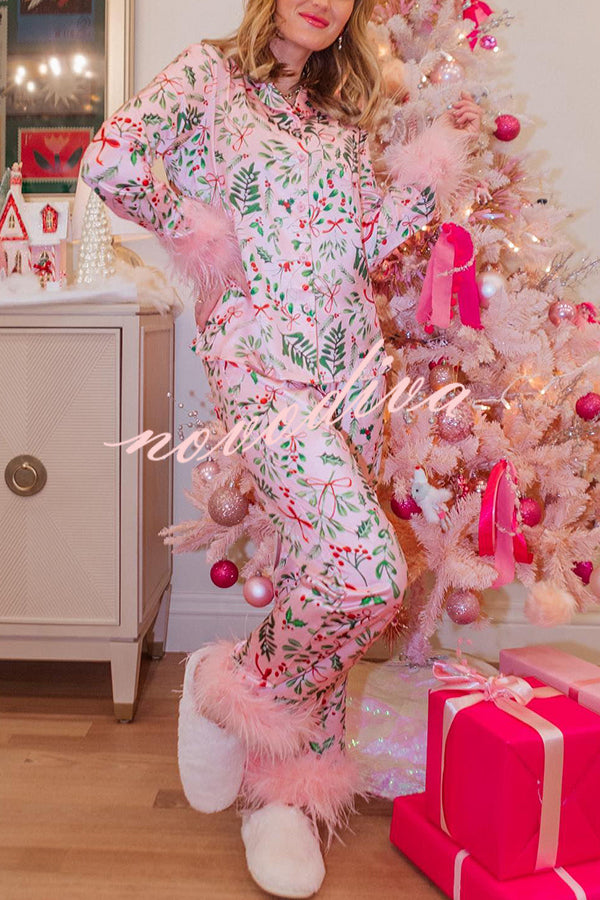 Iconic Holiday Printed Feather Trim Elastic Waist Pocketed Pajama Set