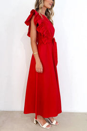 Solid One Shoulder Ruffled Sleeves Tie Waist Maxi Dress