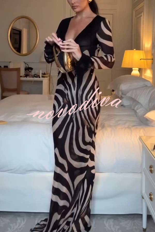 City Night Chiffon Colorblock Animal Print Tie-up Long Sleeve Maxi Dress