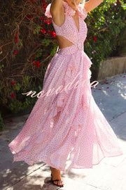 Wedding Dreams Chiffon Printed Flutter Sleeve Cutout Back Lace-up Maxi Dress