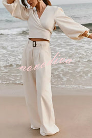 Lets Go Out Linen Blend Balloon Sleeve Wrap Tie-up Loose Top