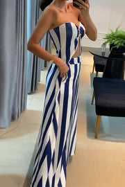 Striped Print Off-Shoulder Long Casual Top and Loose Pocket Straight Pants Set