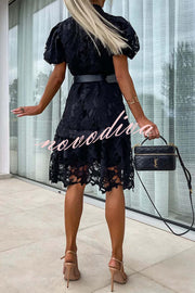 Absolutely Elegant Floral Crochet Lace Puff Sleeve Belted Shirt Midi Dress