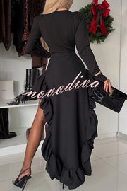 Toast To Midnight Solid Color High Rise Irregular Ruffled High Low Maxi Skirt
