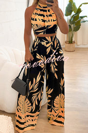 Botanical Print Halterneck Crop Top and Casual High-waist Wide-leg Pants Set