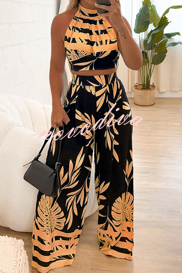 Botanical Print Halterneck Crop Top and Casual High-waist Wide-leg Pants Set