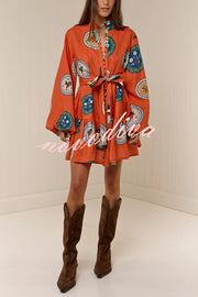 Linen Blend Unique Print Tie Waist Loose Mini Dress