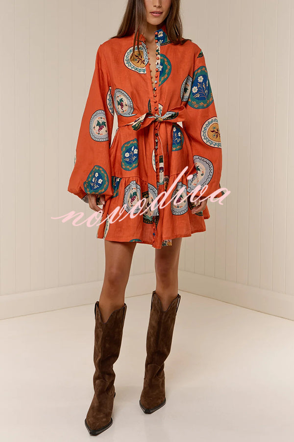 Linen Blend Unique Print Tie Waist Loose Mini Dress