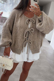 Solid Color Long-sleeved V-neck Lace-up Loose Knitted Sweater