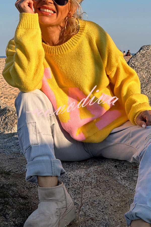 Letter Pattern Crew Neck Long Sleeve Loose Knit Sweater