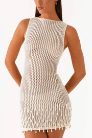 Fashion Knit Hollow Beaded Tassel Embellished Sleeveless Slim Mini Dress