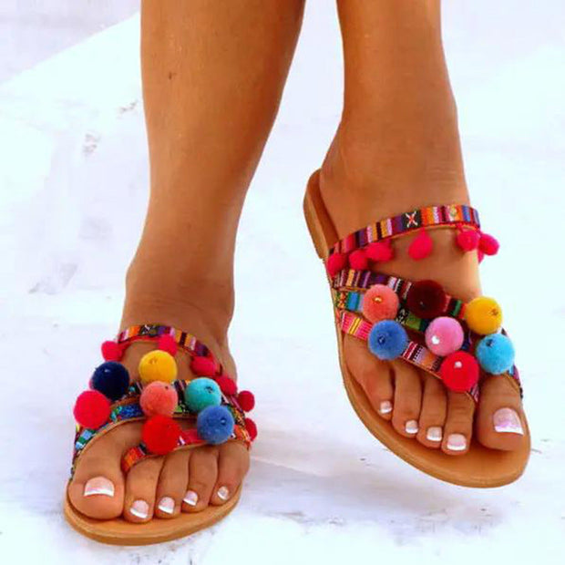 Colorful Fur Ball Ethnic Tribal Wind Beach Dress Slippers