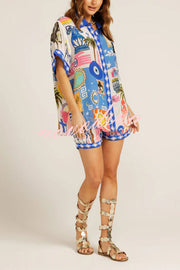 Unique Printed Short-sleeved Casual Loose Shirt and Elastic Waist Drawstring Pocket Shorts Set