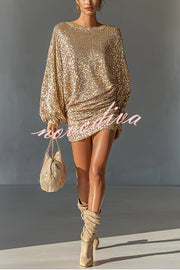 Glow Season Sequin Long Lantern Sleeve Ruched Hip Loose Mini Dress