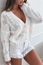 Fashion Hollow Long Sleeve V-neck Button Loose Knitted Cardigan
