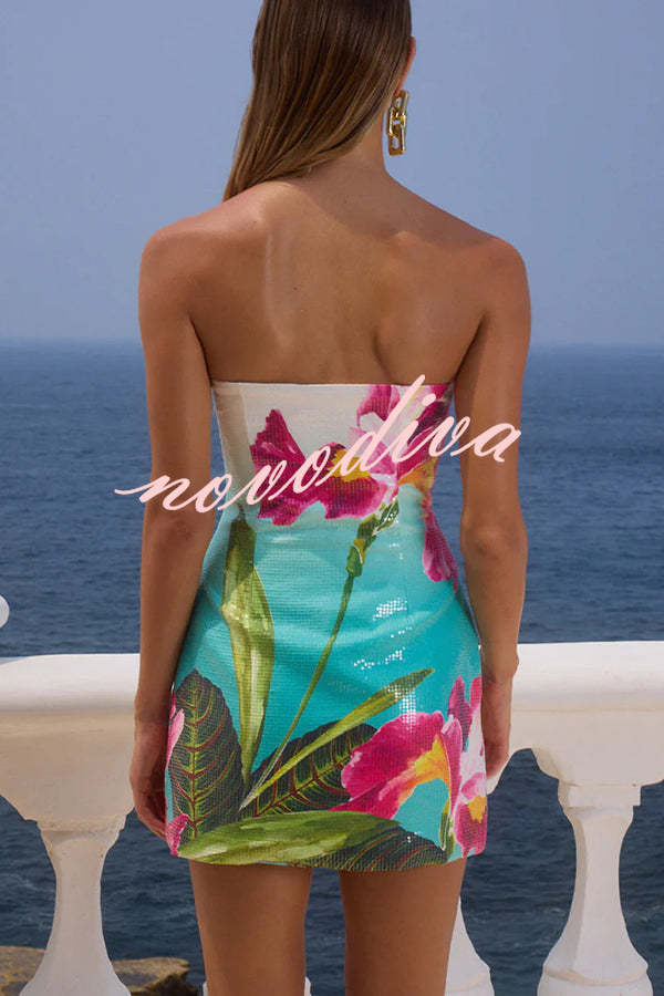 Beach Club Sequin Unique Print Strapless Stretch Mini Dress