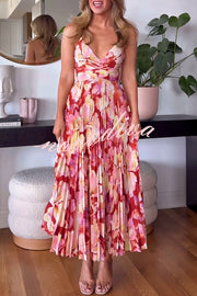 Wedding Party Season Floral Print Pleated Back Tie-up Midi Dress