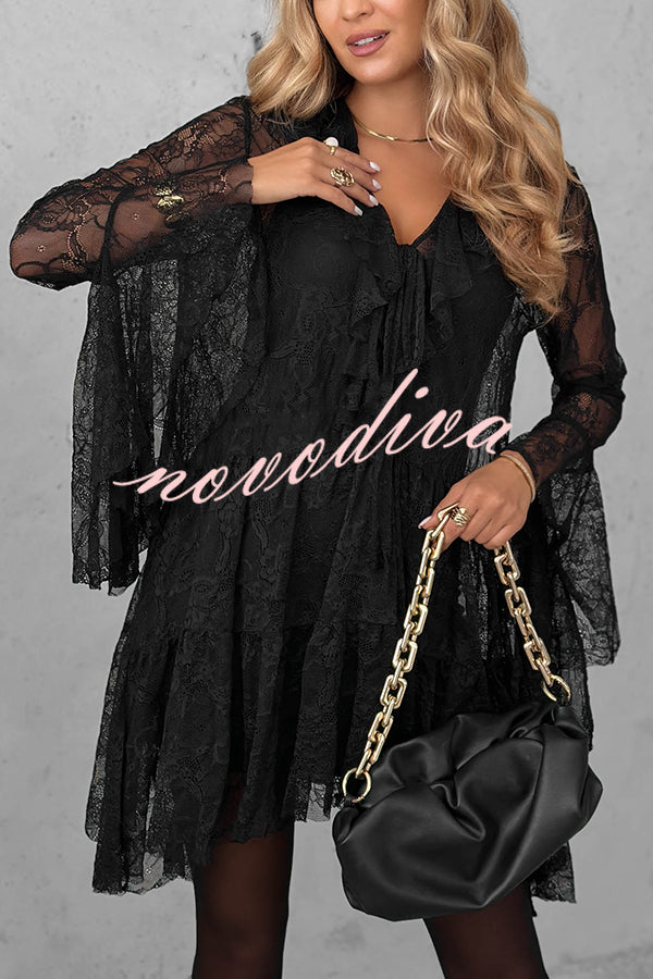 Feeling Lighthearted Lace Ruffle Neck Bell Sleeve Layered Hem A-line Mini Dress