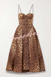 Unleash Your Wild Leopard Rhinestone Trim Back Smocked Midi Dress